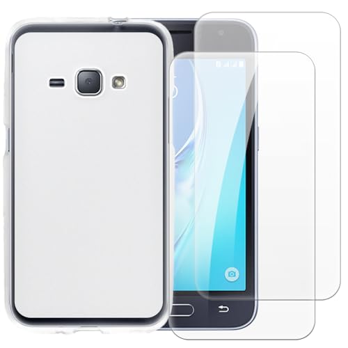 Shantime Case with 2 Pack Screen Protector Combo Compatible with Samsung Galaxy J1 4G, Shockproof Cover and Tempered Glass Set for Full Body Safety(White)