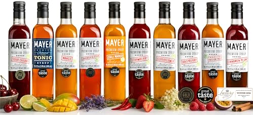 Image of Mayer Premium Artisan Syrup Variety 10-Pack - Award-Winning Cocktail & Coffee Syrups, Elderflower, Lavender Blossom, Botanical Tonic, Tropical Passion Fruit, Mango, Chili Mango, Cinnamon Plum, Raspberry, Strawberry & Sour Cherry, Real Fruit & Botanicals, Vegan, Gluten Free - No Artificial Additives (10 x 16.9 Fl Oz)