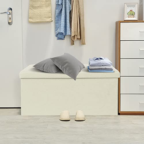 Ecomex 30 Inches Storage Ottoman Bench With Lid Tray, Linen Storage Ottoman Coffee Table, Folding Storage Ottoman With Foam Padded Seat For Living Room And Bedroom Beige 2Pcs #TOP6