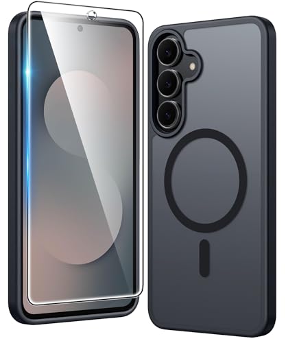 Image of FNTCASE for Samsung Galaxy S25-FE Case: Magnetic Matte Phone Cases with Screen Protector Drop Proof Compatible with Magsafe Slim Rugged Shockproof Protective Translucent Cell Cover (C-Frosted Black)