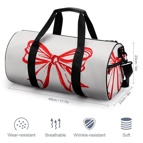 Simple Pure Red Line Bow Ribbon Travel Gym Bag for Women Men Cylindrical Duffle Bag Sport Workout Bag with Shoulder Strap2