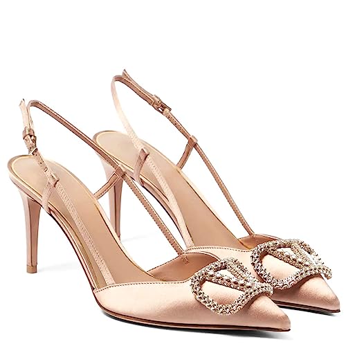 Image of BlingQueen Women Heeled Slingback Sandals Closed Pointed Toe Stiletto High Heels Patent Leather Pumps Slip-On Backless Evening Prom Party Dress Shoes