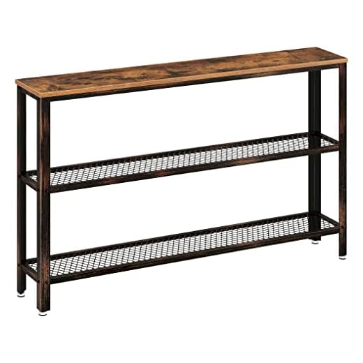 Rolanstar Console Table, Narrow Sofa Table with 2 Mesh Shelves, 47.2” Long Rustic Entryway Table with Retro Metal Frame, Entrance Table for Entryway, Hallway, Living Room, Bedroom