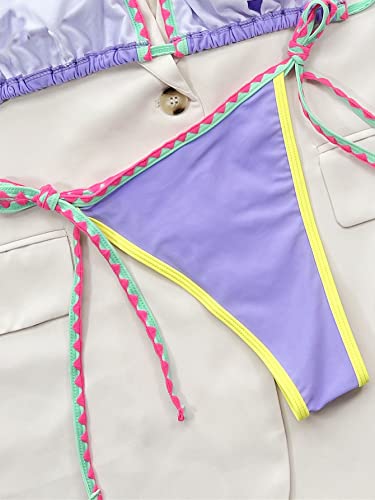 Soly Hux Women's Sexy Color Block Tie Side Thong Bikini Bottoms Beachwear Swimsuit Violet Purple Colorblock M #TOP1