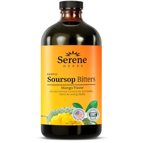 Image of Serene Herbs Soursop Bitters Liquid with Soursop Leaves for Gut Cleanse, Detox & Immune Boost with Black Seed, Moringa, Irish Moss, Ashwaganda, Turmeric, 16 Fl Oz (Pack of 1), Mango