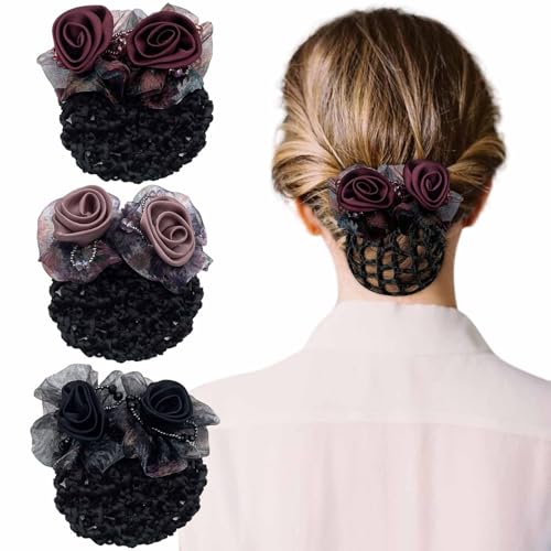 3 Pcs Flower Hair Bun Holder Covers Hair Net Snood Pocket Hair Clip with Barrette Ribbon Mesh Hairnet Hair Accessories for Women