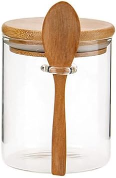 123Arts Glass Container Sugar Bowl Spice Jar Food Storage with Wooden Lid and Spoon
