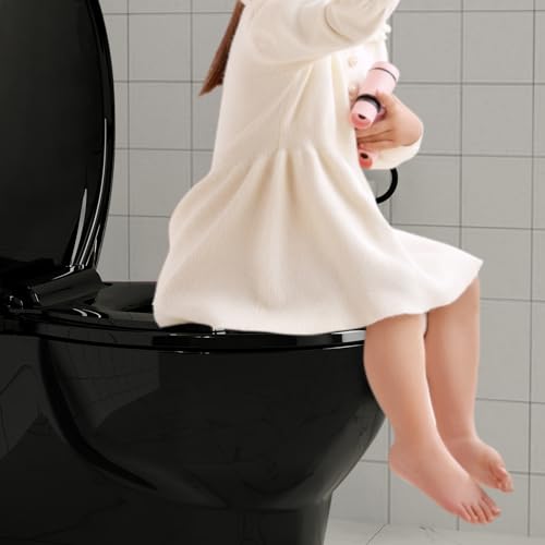 Round Toilet Seat with Built-in Toddler Seat for Easy Potty Training – Slow Close Feature,Easy Install and Clean, Perfect for Both Adults and Children,Black