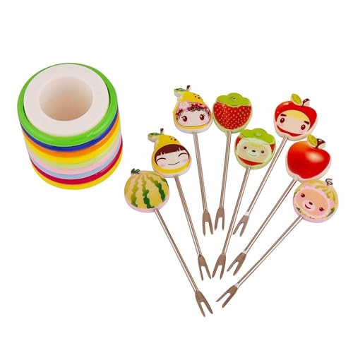 Image of Baby Self Feeding Spoon and Fork Set with Travel Case Stainless Steel Kids Cutlery Toddler Training Utensils Color as per Stock (Fruit Forks with Rings Stand)