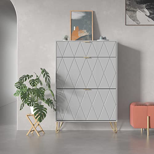 Uev Shoe Cabinet,Freestanding Shoe Rack Storage Organizer With Drawers & Metal Legs,Modern Shoe Storage Cabinet With 3 Flip Drawers For Entryway (Grey) #TOP3