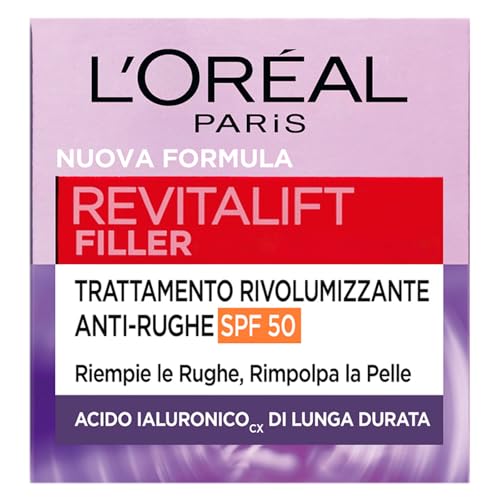 L'Oréal Paris Crema Viso Giorno Revitalift Filler, Azione Antirughe Rivolumizzante con Acido Ialuronico Micro-filler, SPF 50, 50 ml