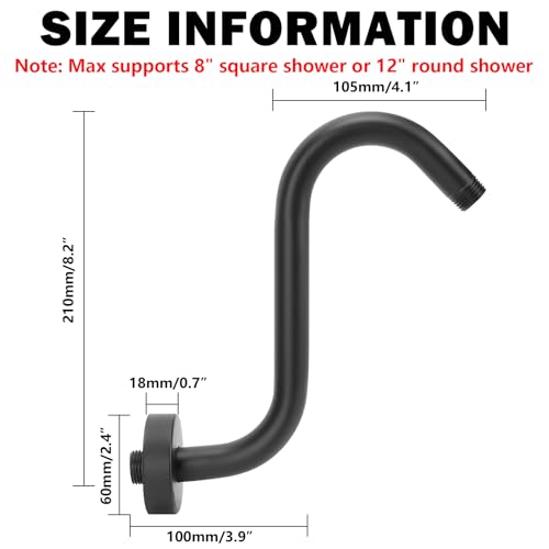 Image of NearMoon S Shaped Shower Head Riser Arm, Shower Extender Arm with Flange, Standard 1 /2 inch Connection- Bathroom Accessory (8 Inch, Matte Black)