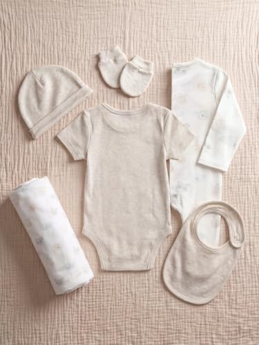 Image of 6 Pcs Clothing Gift Set with Box, 100% Cotton Soft & Breathable 6-Piece Layette Set with Bodysuit, Romper, Bib, Cap, Mittens & Swaddle, 0-12 Months, All-Season Wear