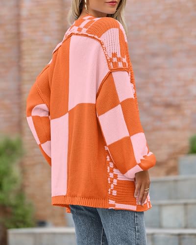 Image of BTFBM Casual Cardigan Sweater for Women Fall 2026 Long Sleeve Open Front Chunky Knit Sweaters Checkered Outwear Coat