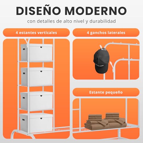 Miniatura 6 de Jupplies Burro Ropa Resistente Con Ruedas Con Bloqueo Y Estantes 110x56x160 Cm, Max 30 Kg Perchero Burro Metálico Con 2 Barras, 4 Estantes Laterales, Colgadores Y Zapatero Doble Blanco