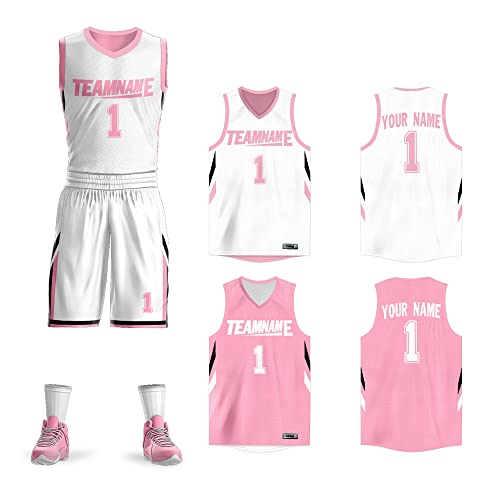 Custom Men Youth Reversible Basketball Jersey Uniform Printed Personalized Name Number Sportswear Big Size White&pink-09 One Size