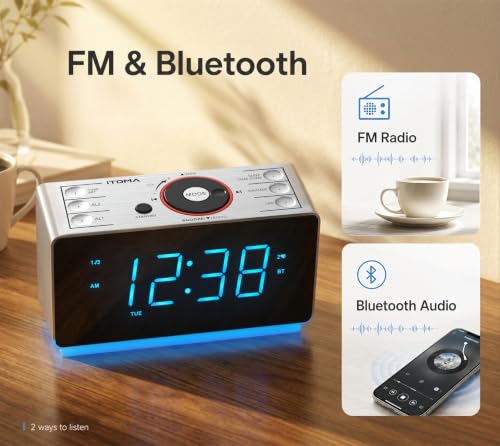 iTOMA Alarm Clock Radio with Bluetooth Speaker, FM Radio and Dual Alarm - Image 5