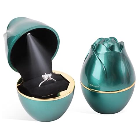 Rolin Roly Green Ring Box with LED Light Rose Jewelry Ring Case Jewellry Display Gift Boxes for Proposal Wedding Ring Box Ceremony Engagement Proposal Anniversary Cover
