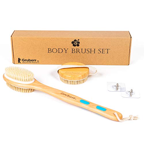 Gruberr Bath Body Brush Set - for Glowing Skin, Soft and Stiff Bristles, Short and Long Brushes for Easy Reach, Dry or Wet Brushing - Cellulite, Lymphatic, Exfoliating - Men, Women, Elderly - w/hooks