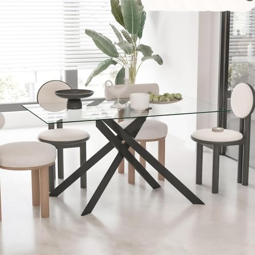 VeemuGlass Dining Tablearo 51.2' Glass Dining Table for 4 People, Rectangular Glass Kitchen Table with Black Steel Legs, Modern Dining Room Table for Dinner Kitchen Dining Room