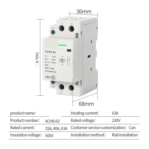 Contacteur 2P 63A 2NO interrupteur de commande 50/60HZ relais tableau modulaire monophasé