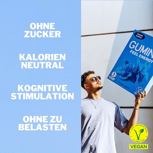 GUMING 40x Energy Kaugummi mit 60mg Koffein/Gum, Guarana, Vitamin C & B6, Vegan, zuckerfrei (40 Stück, 4 Packungen a 10 Gums: Minze, Kirsche, Beere)
