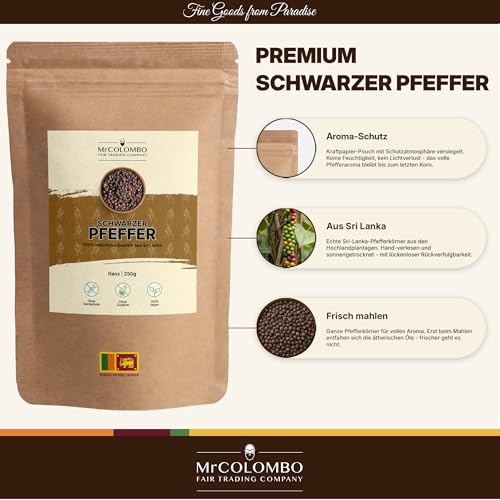 MrCOLOMBO Schwarzer Pfeffer ganz 250g – Premium Pfefferkörner aus Sri Lanka, Direktimport vom Erzeuger, naturrein – ideal für Pfeffermühle, zum Würzen, Marinieren und für asiatische Küche
