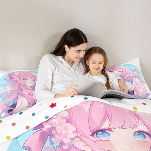 Image of Erosebridal Girls Bedding Japanese Style Comforter Set King, 3D Anime Girl Duvet Insert Cartoon Kawaii Kimono Girl Bedding Comforter Sets Romantic Gifts for Her