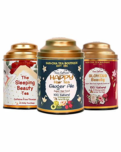 Image of Sancha Tea Boutique, Beauty Tea Bundle, 75 Pyramid Tea Bags, Glowing Beauty, Sleeping Beauty & Happy Hair Herbal Tisanes, Caffeine-Free Value Pack