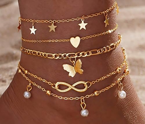 Image of Fesciory 14K Gold Plated Ankle Bracelets Sets For Women, Adjustable Layered Infinite Anklet, Summer Beach Butterfly Star Foot Chain Jewelry Gifts