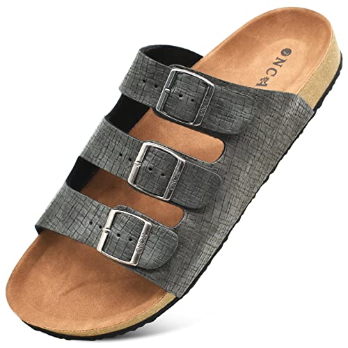 Oncai Mens Slides, Soft Leather With Adjustable Buckle Strap Summer Beach Florida Sandals And Cushion Cork Rubber Footbed Grey Size 12 #TOP17