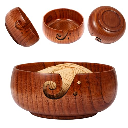 Image of Wooden Yarn Bowl, 8 inch x 3 inch Knitting Tool with Holes, Handmade Rounded Edge for Crocheting, Storage Holder for DIY Sewing Supplies