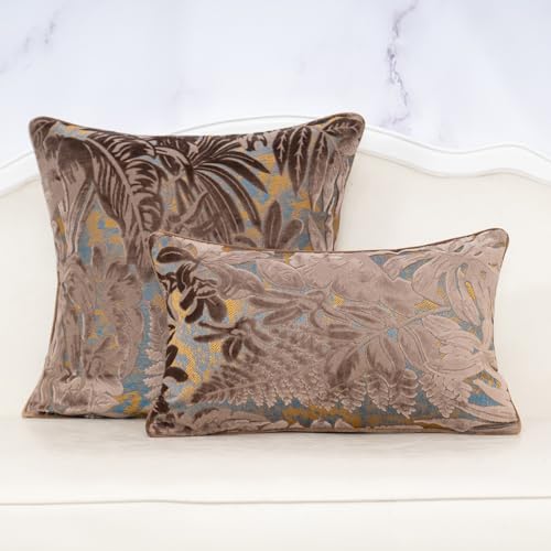 Alerfa Brown Throw Pillow Cover 12x20 Inch, Rectangle Cut Velvet Maple Leaf Embroidery Luxury Farmhosue Lumbar Decorative Pillow Cover for Couch Living Room Bedroom - Thumbnail 3