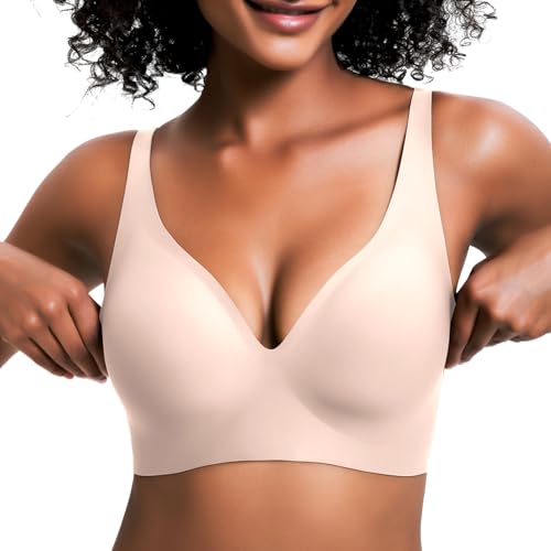 Jelly Wireless Bra for Women, Push Up Seamless T-Shirt Bras, Comfortable Plunge No Underwire Bra with Adjustable Straps