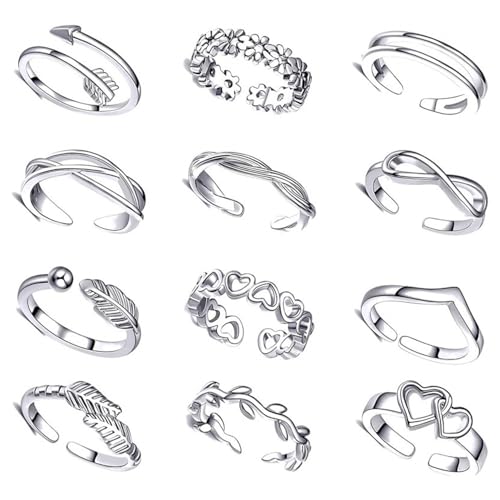 Krysel 12Pcs Adjustable Open Toe Rings for Women - Silver Plated Stackable Minimalist Foot Jewelry for Everyday Wear