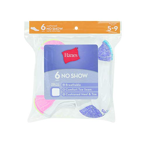 Hanes Womens Plush Comfort Toe Seam No Show Socks, 6-Pair Pack Fashion Liner Socks, White With Color Heel & Toe, Shoe Size 5-9 Us #TOP1