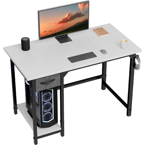 Devoko 100cm Computer Desk with Drawer,Study Writing Desk Small Desks for Small Spaces,Home Office desk,Laptop Table for Home Workstations,Side Pocket Storage Bag,Large Storage Shelves, White