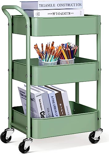 MISSLO Storage Trolley 3 Tier Rolling Cart with Wheels and Handle, Under Desk 27 Height Small Metal Utility Cart Organizer Rack Shelf, Mobile Book Cart for Office, Kitchen, Bathroom (Green)