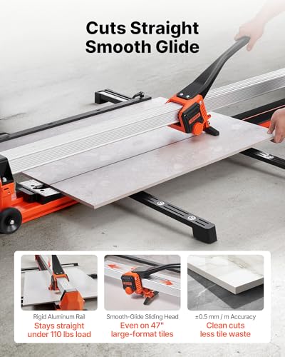 Image of VEVOR 48-Inch Manual Tile Cutter, Upgraded Rail and Sliding Head, Precision Alignment Guide, Tungsten Carbide Cutting Wheel, Support Legs with Swivel Wheels, for DIY Pros, Ceramic, Floor, Wall Tiles