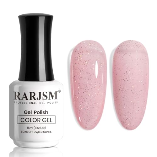 RARJSM Nude Glitter Gel Nail Polish Clear Pink Rainbow Chunky Sparkle Shimmer Jelly Nuded Iridescent Transparent Pink Gel Polish Single Bottle Soak off UV LED Cured for Home Salon Manicure 15ML