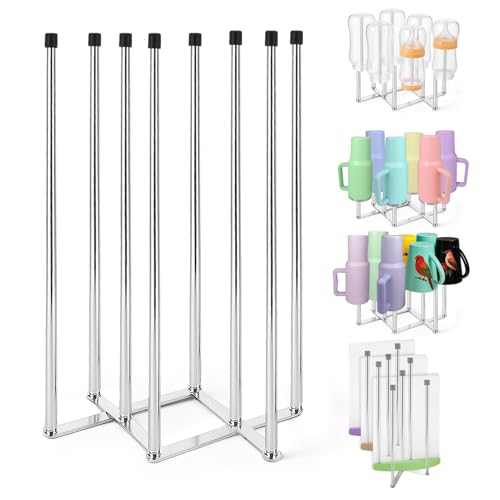 Egouttoir Biberon Bebe, Egouttoir Biberon Multifonctionnel,Egoutte Biberon Acier Inoxydable,DotéE De 8 Barres Transversales D'Un Capuchon En Silicone, Base RéGlable,Convient à DifféRents Biberons