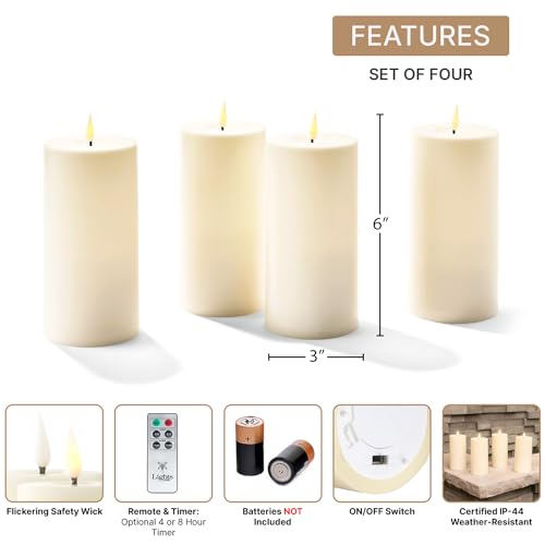 Image of LampLust Outdoor Flameless Candles Waterproof, 4 Pack, 3x6 Ivory Pillar Candles Set, LED Candles Flickering with Remote & Timer Included, Battery Operated, Outdoor Candles for Lanterns or Patio Decor