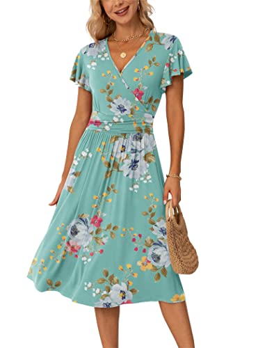 Image of GRECERELLE Spring Summer Dress for Women Casual Ruffle Short Sleeve Wrap V-Neck Dress