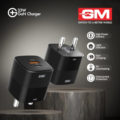 Image of GM G+ 33W Fast Charging Mobile Adapter with GaN Technology | Dual-Port Type A and Type C Adaptor | Travel Charger for Apple iPhones, Smart Watch, Android Phone, and Other Devices (Black)
