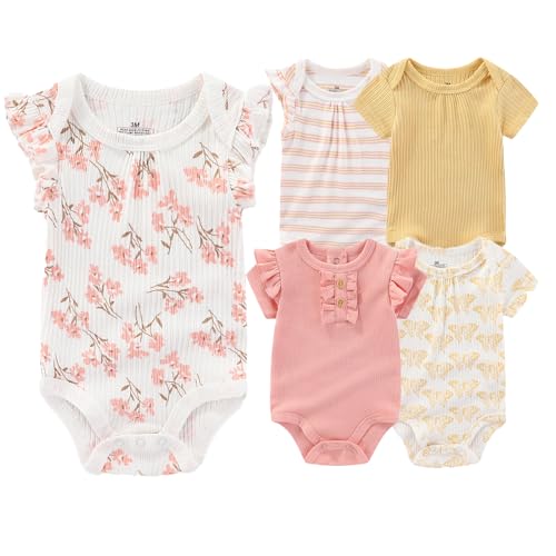 Image of ZAVBABY Baby Boy Girl Short Sleeve Bodysuits New Born 100% Cotton Clothes 5-Pack 0-12M
