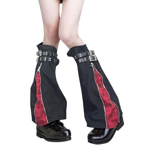 HeiBai Xiong Goth Flared Leg Warmers for Women Punk Rock Long Buckle Zipper Y2k Harajuku Rave Japanese Alt Hippie Ice Skating Grunge Emo Gothic Flare Fashion Legwarmers, Black and Red