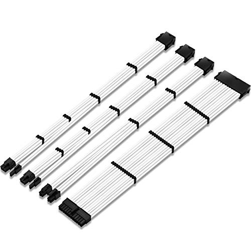 EZDIY-FAB Power Supply Sleeved Cable 24-PIN/ 8-PIN (4+4) M/B, 8PIN (6+2) PCI-E Extension Cable Kit 500mm Length-White