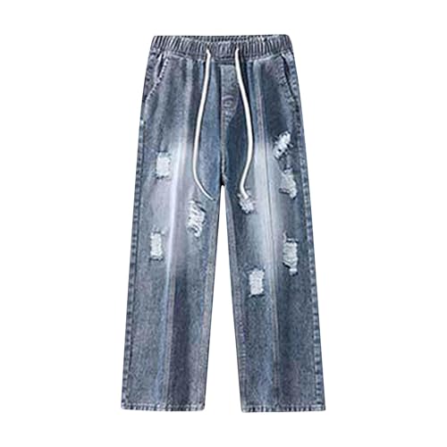 Men Classic Ripped Jeans, Fashion Baggy Drawstring Elastic Waist Palazzo Pants Wash Distressed Denim Pants with Pockets2