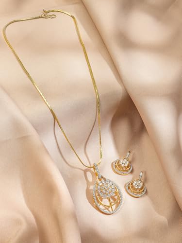 Image of Rubans Pendant Necklace Set American Diamond and Zirconia Gift Jewellery for Women & Girls