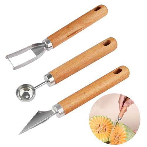 RUIENGCOMM 3 PCS Watermelon Cutter Slicer Tool Stainless Steel Fruit Scooper Melon Baller Scoop Set Multifunction Kitchen Tools for DIY Fruit Salads Vegetable Ice Cream Cookie Dough